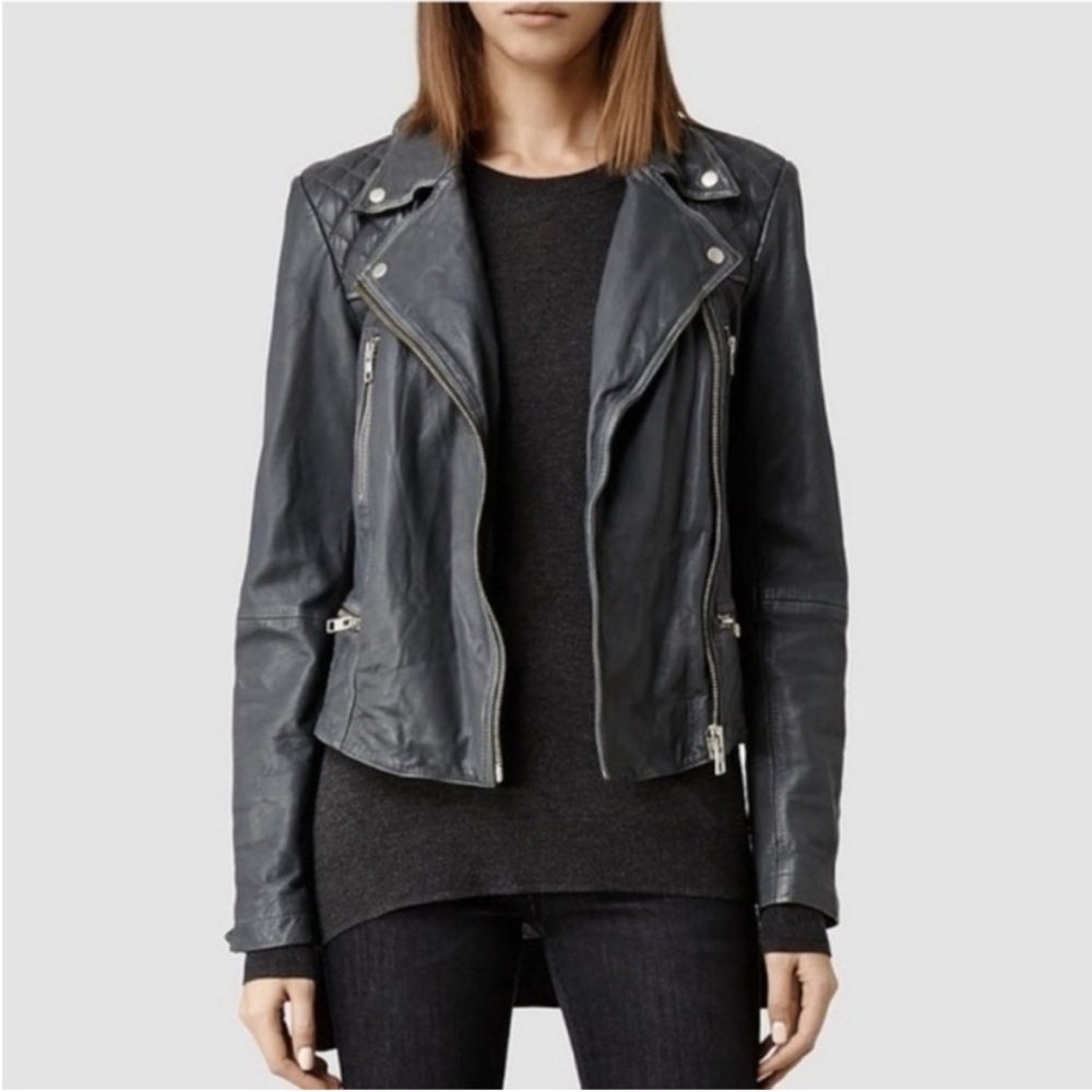 All Saints Charcoal Leather Biker Jacket - Picture 3 of 9